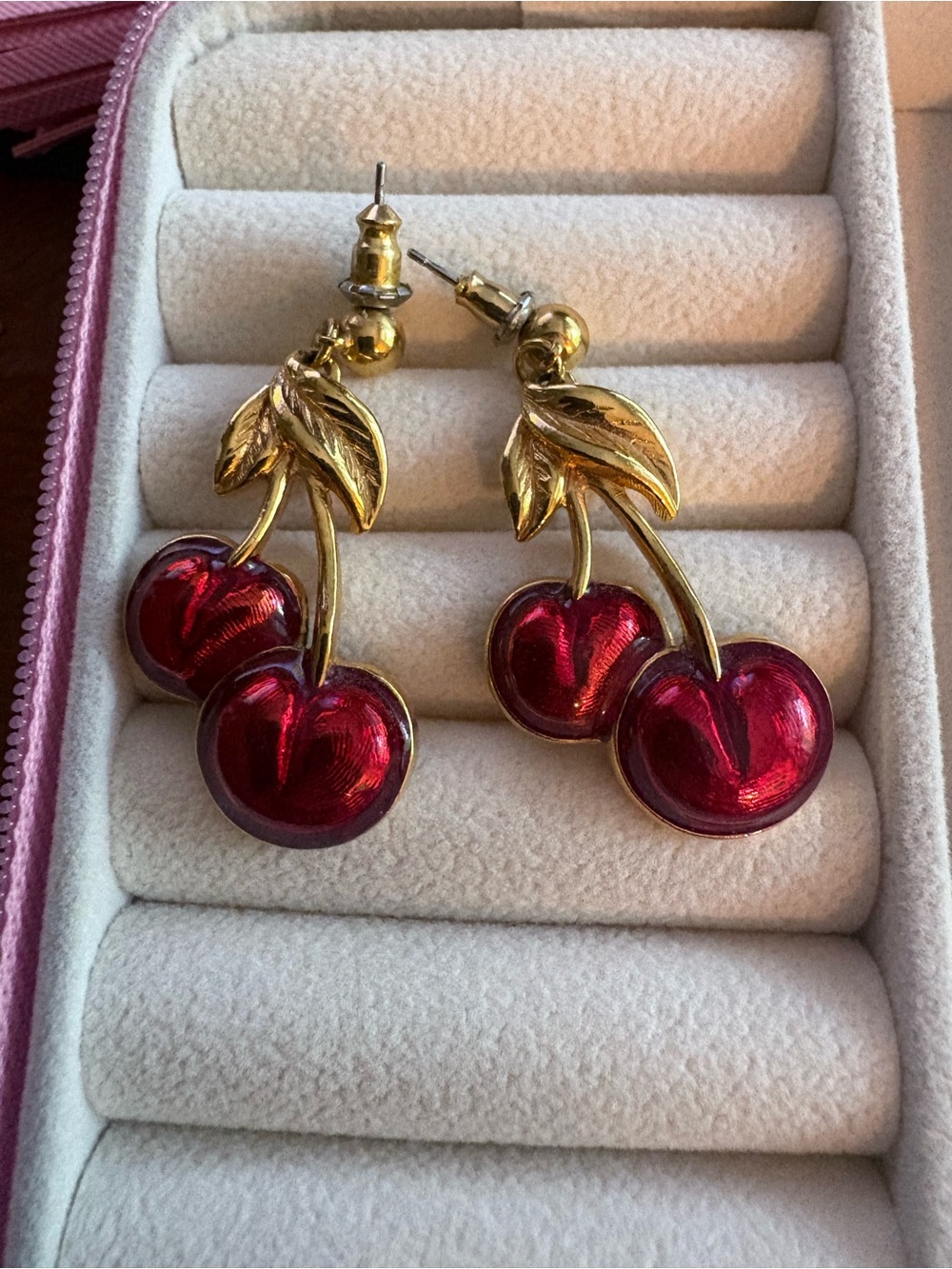 Vintage Avon Gold Cherry Drop Earrings with Red Enamel